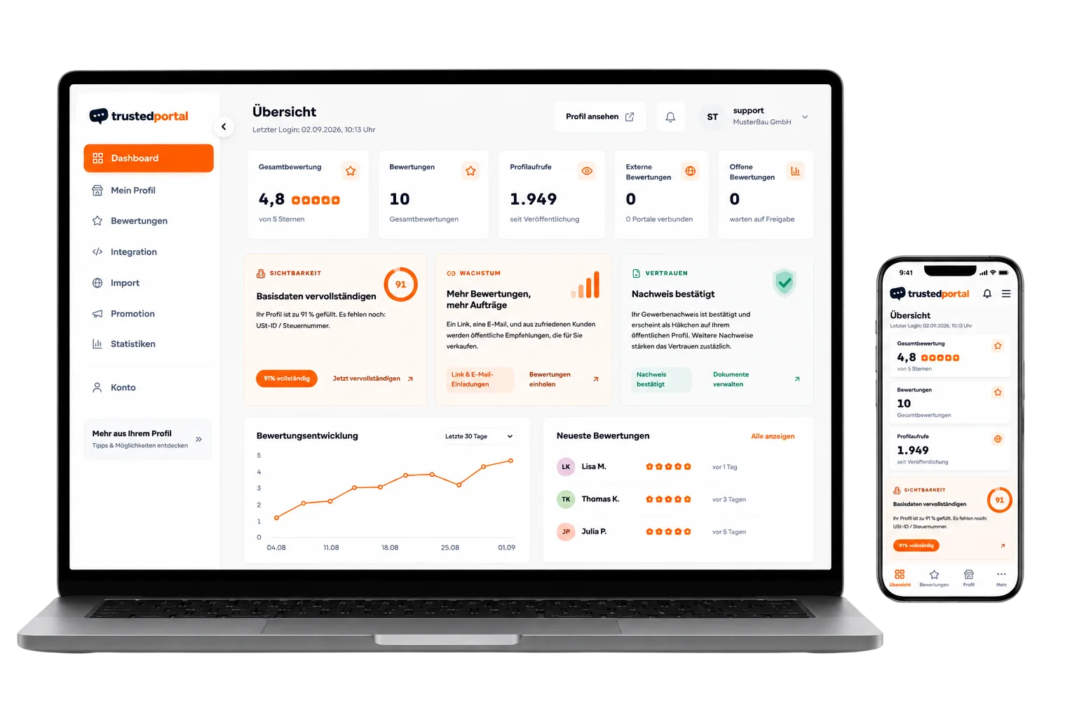 TrustedPortal Shop Siegel beantragen: Dashboard mit Unternehmensprofil, Gesamtbewertung, Bewertungsstatistiken und Prüfsiegel auf Laptop und Smartphone