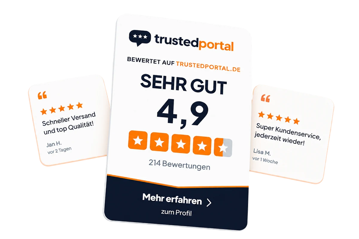 Kundenbewertungen sammeln bei TrustedPortal: Bewertungs-Widget mit Sehr Gut Note 4,9 aus 214 Bewertungen auf dem Shop-Profil