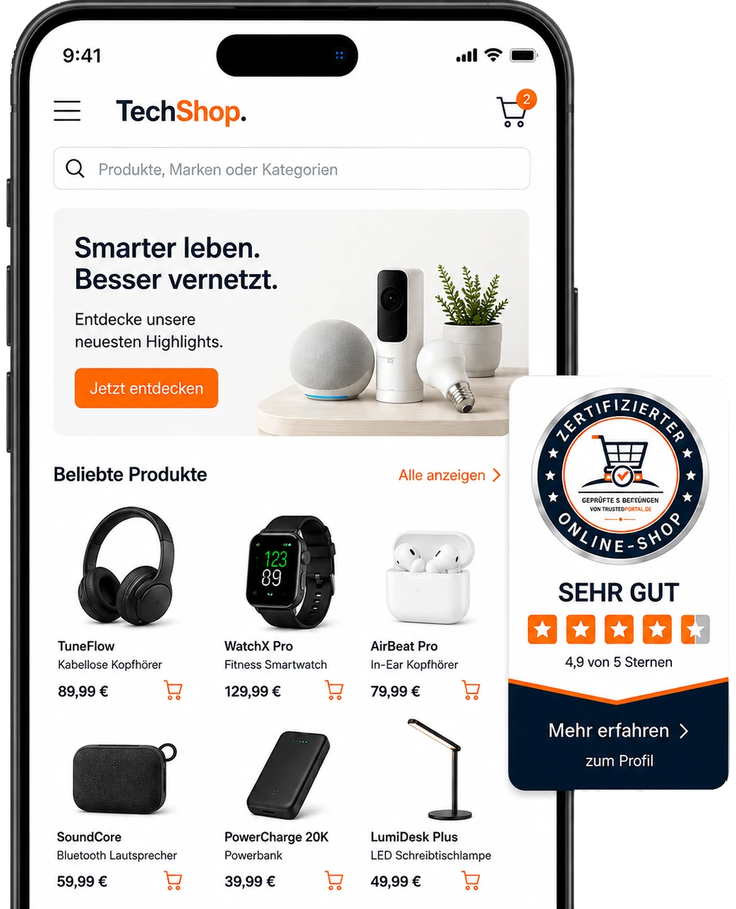 Smartphone mit realistischem Onlineshop TechShop und TrustedPortal Shop-Siegel Zertifizierter Online-Shop mit Bewertung Sehr Gut und 4,9 von 5 Sternen