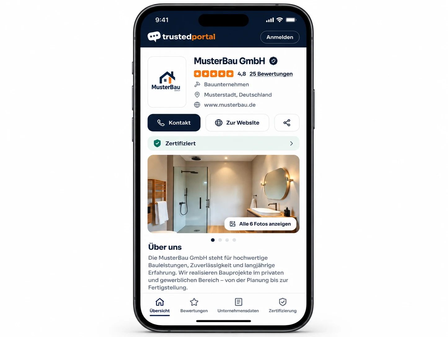 Smartphone mit dem trustedportal Profil der MusterBau GmbH: Bewertung 4,8 von 5, Zertifizierungshinweis, Projektfoto und Unternehmensbeschreibung