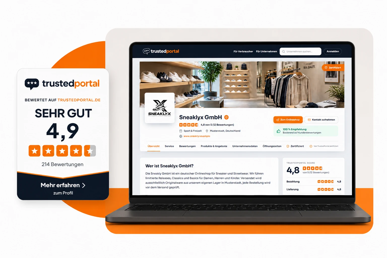 Unternehmensprofil auf TrustedPortal am Laptop mit Bewertungs-Widget, Shop-Siegel und Kundenbewertungen