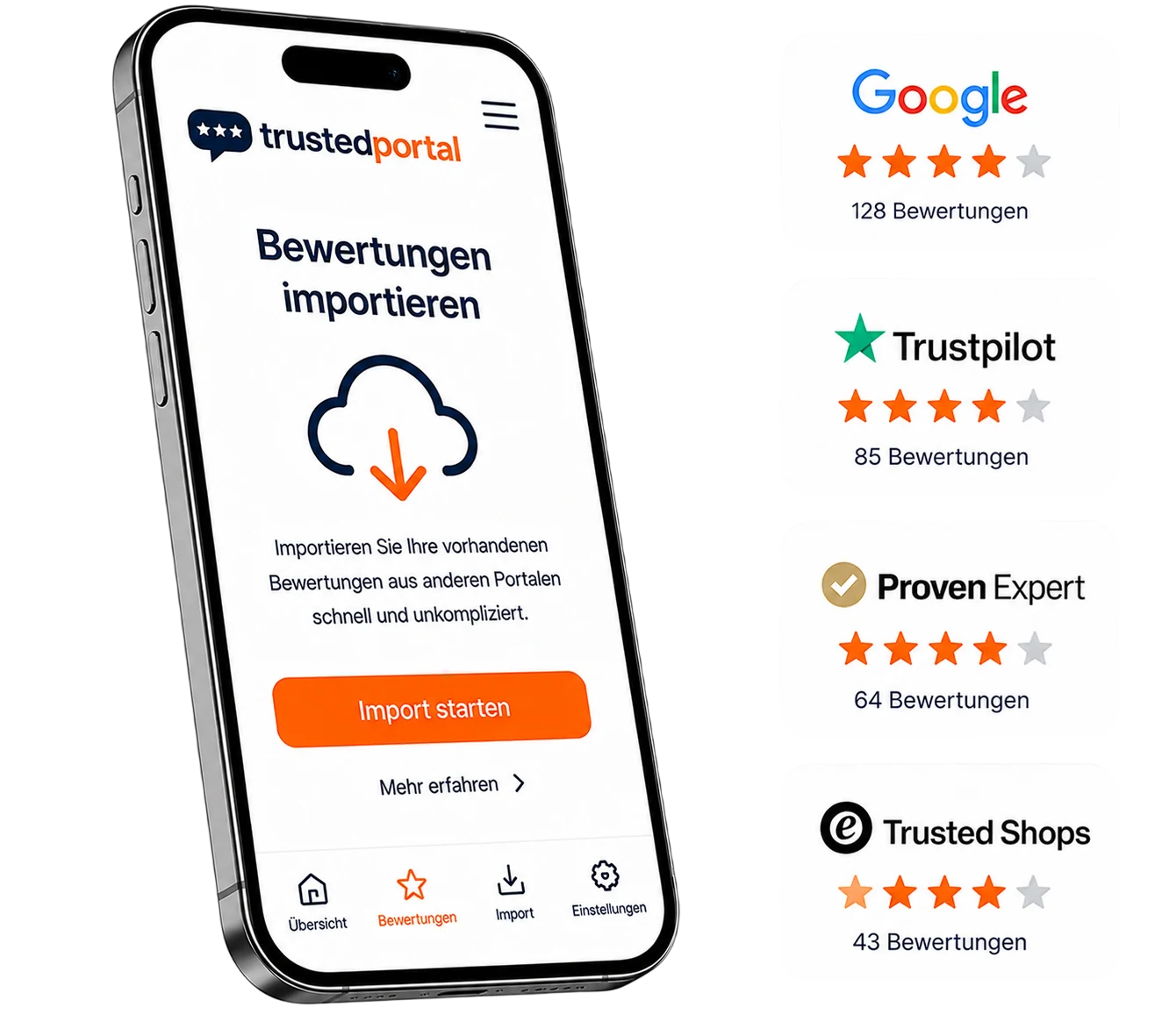Kundenbewertungen importieren bei TrustedPortal: Bewertungen von Google, Trustpilot, ProvenExpert und Trusted Shops auf einer Profilseite bündeln