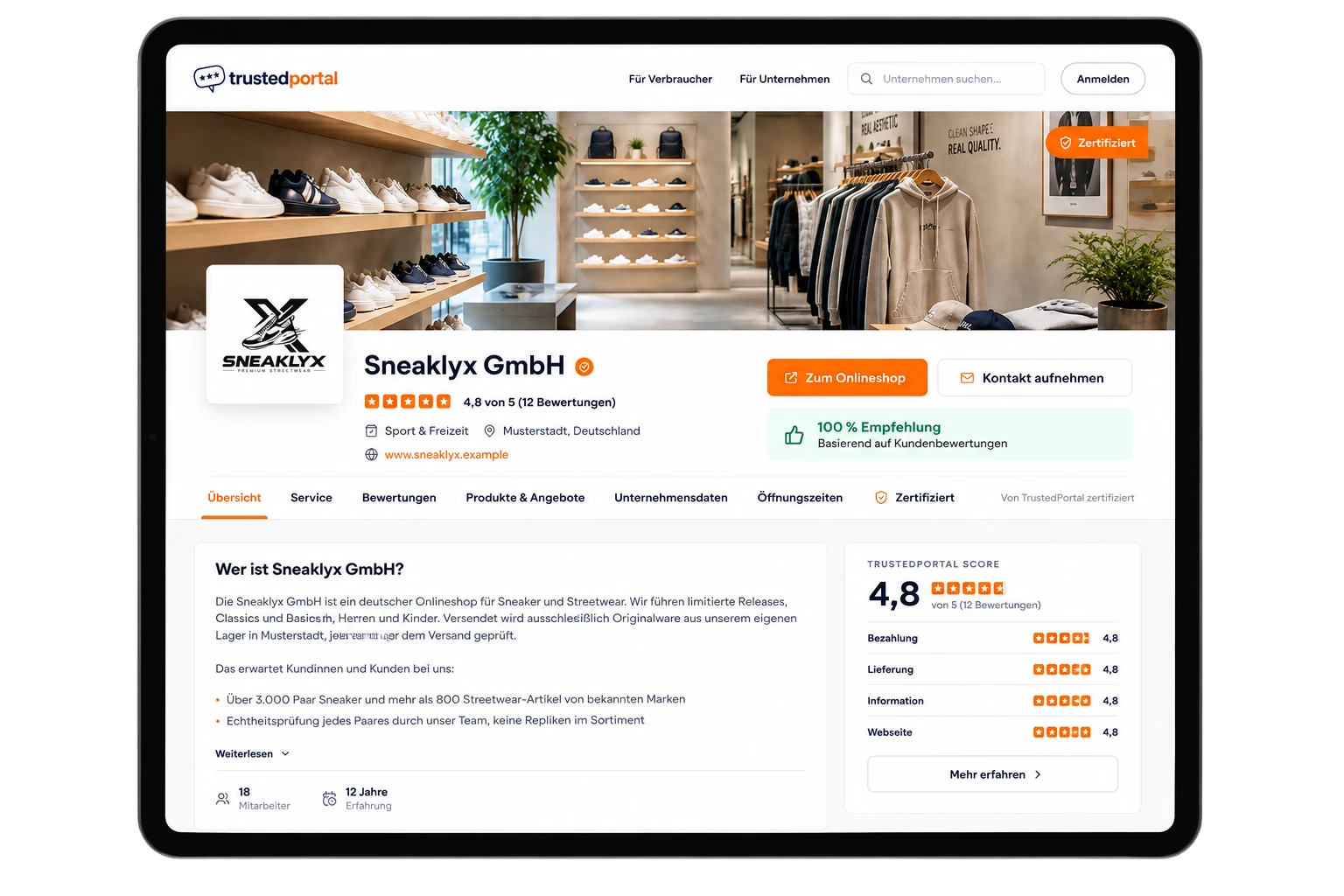 Shop-Profil mit Kundenbewertungen und Trust Score bei TrustedPortal: Beispiel eines professionellen Onlineshop-Profils mit Sternebewertung und Empfehlungsrate