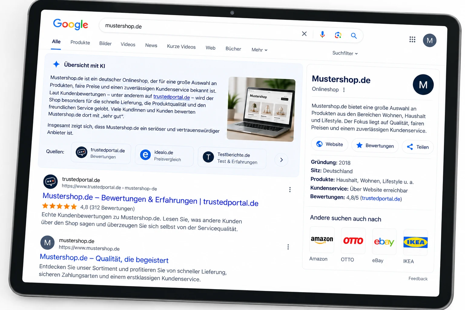 Tablet mit Google Suchergebnissen und KI-Übersicht für mustershop.de: trustedportal.de als Quelle mit Siegel, fünf Sternen und Bewertung 4,8 sowie Wissenstafel mit Gründung, Sitz und Bewertungen