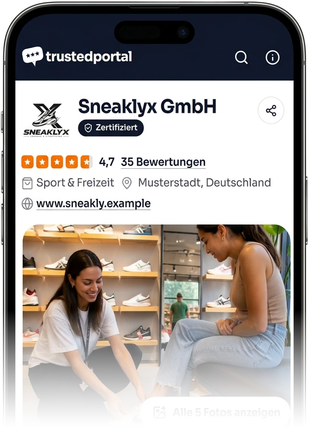 TrustedPortal Unternehmensprofil mit Bewertungen auf dem Smartphone Unternehmensprofil mit Kundenbewertungen auf dem Smartphone